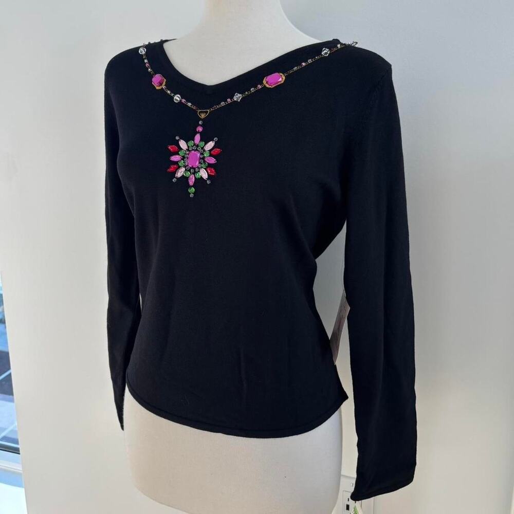 Pink Poodle Black Knit Nylon Long Sleeve Sweater with Beads and Gems Sz L NWT
